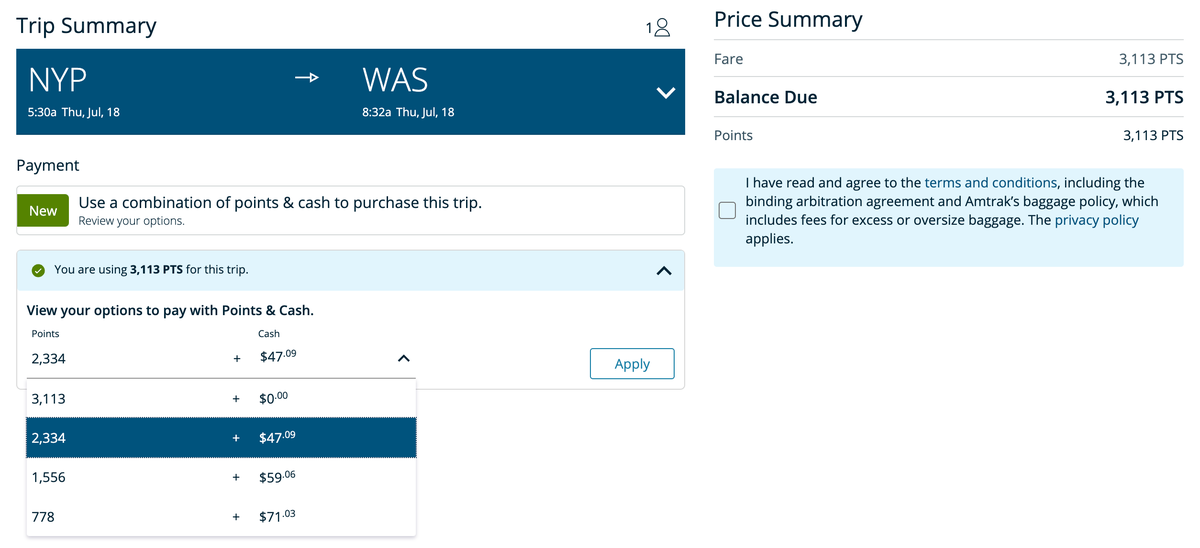 Amtrak Points + Cash